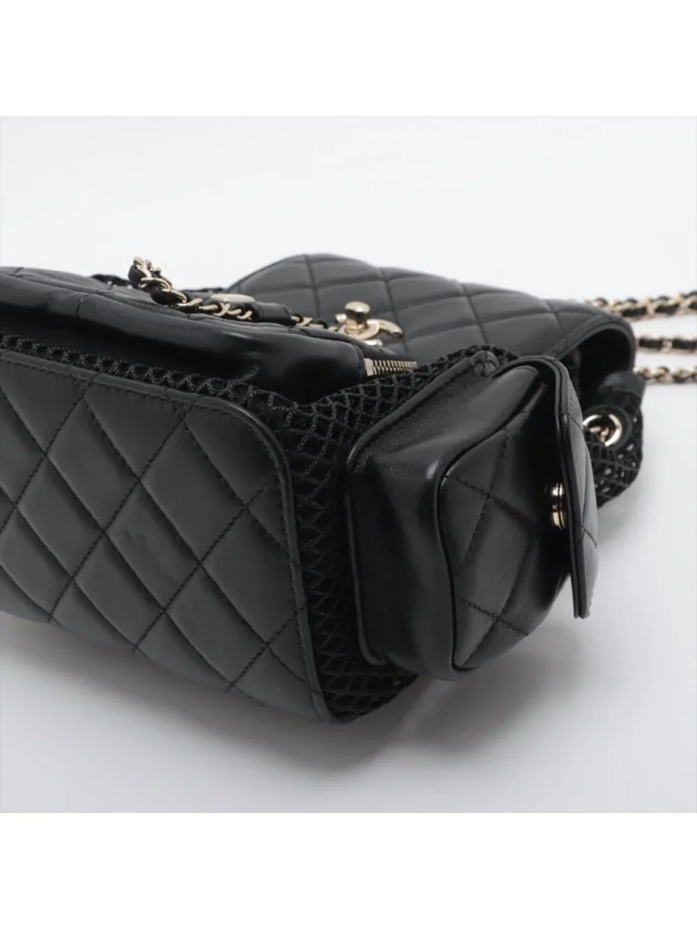 Chanel Quilted Lambskin Chain Backpack Mesh Black Gold Random Plate